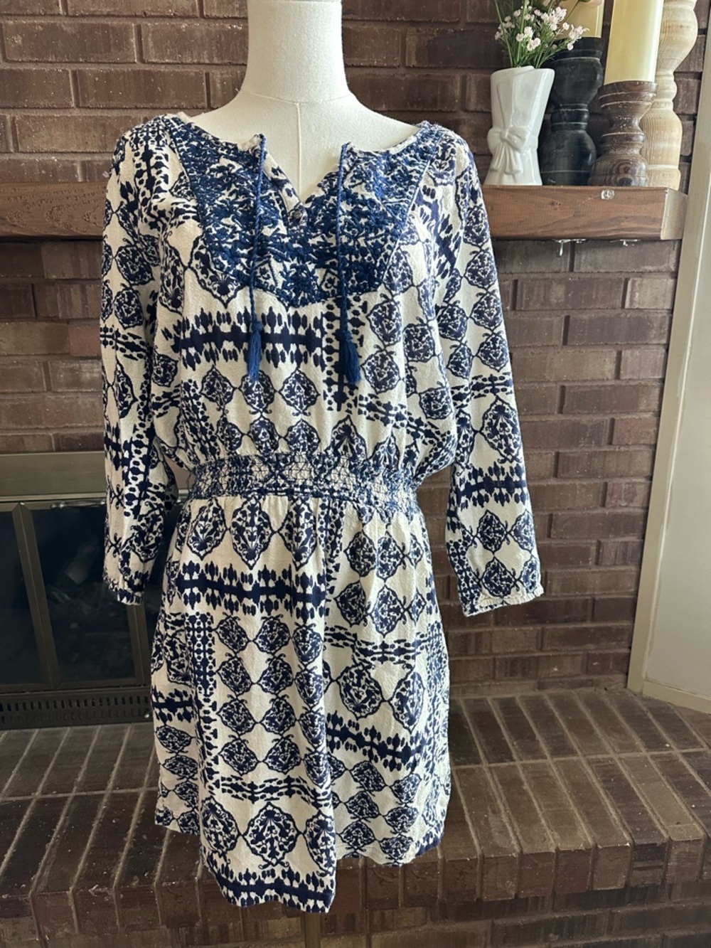 Lucky Brand Boho Embroidered Ikat Peasant Dress XL